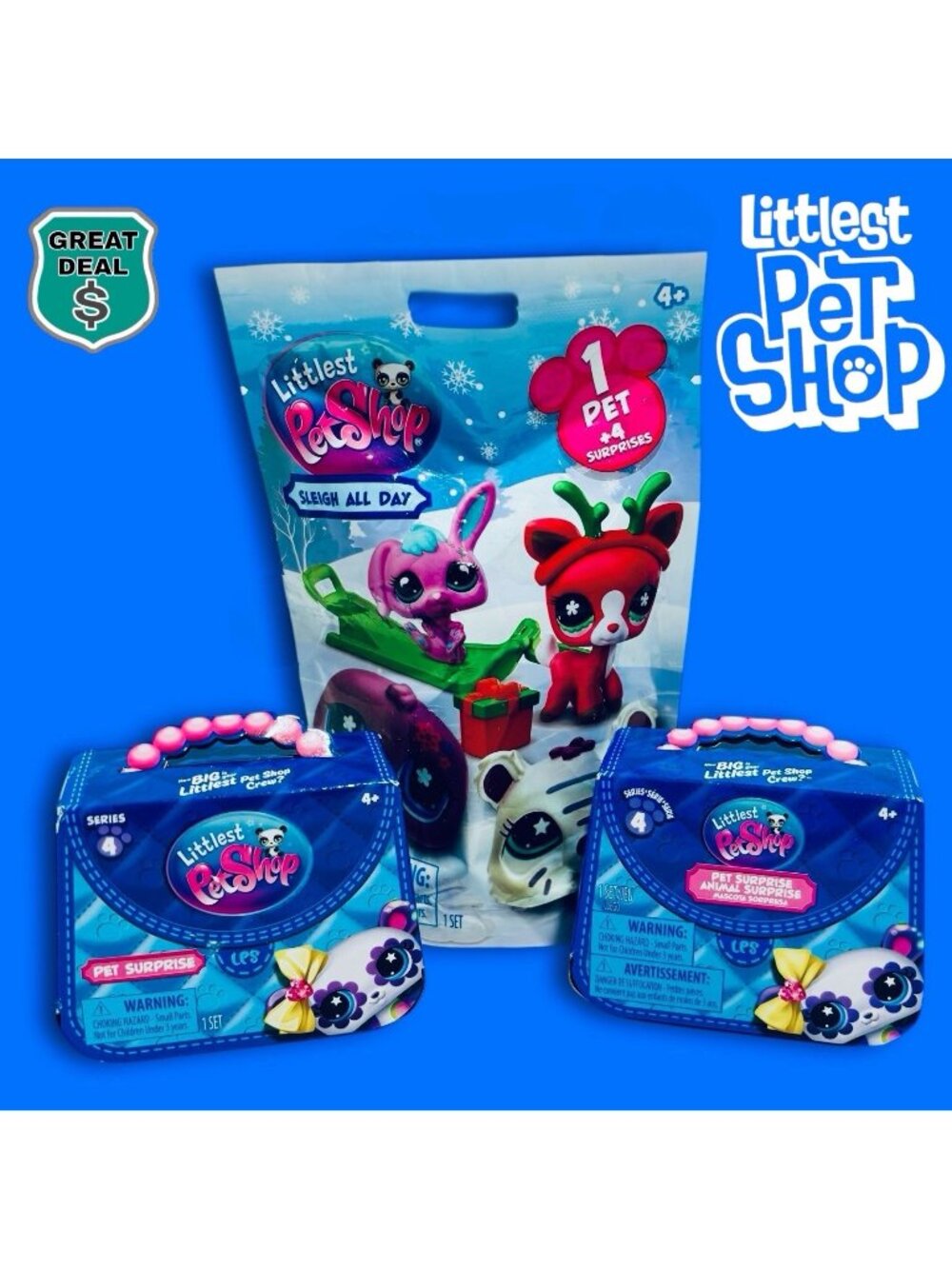 2 Littlest Pet Shop Pet Surprise Series 4 & Sleigh All Day Blind Bag. NEW!